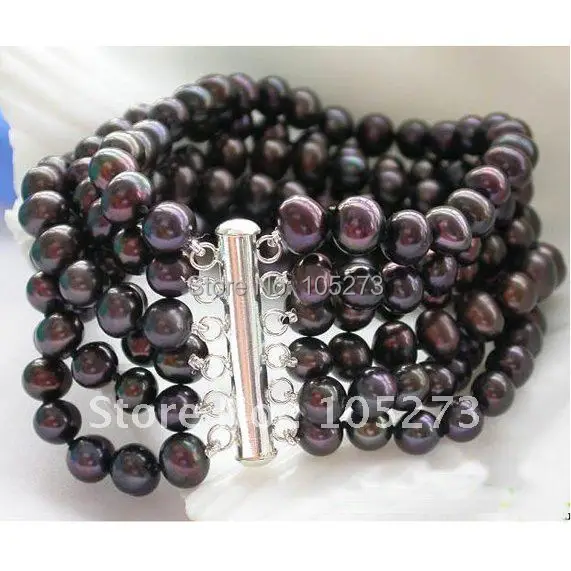 

6Rows AA 7-8MM Black Color Round Shaper Freshwater Cultured Pearl Bracelet 8'inchs Beautiful Style Women's Jewelry FN1963