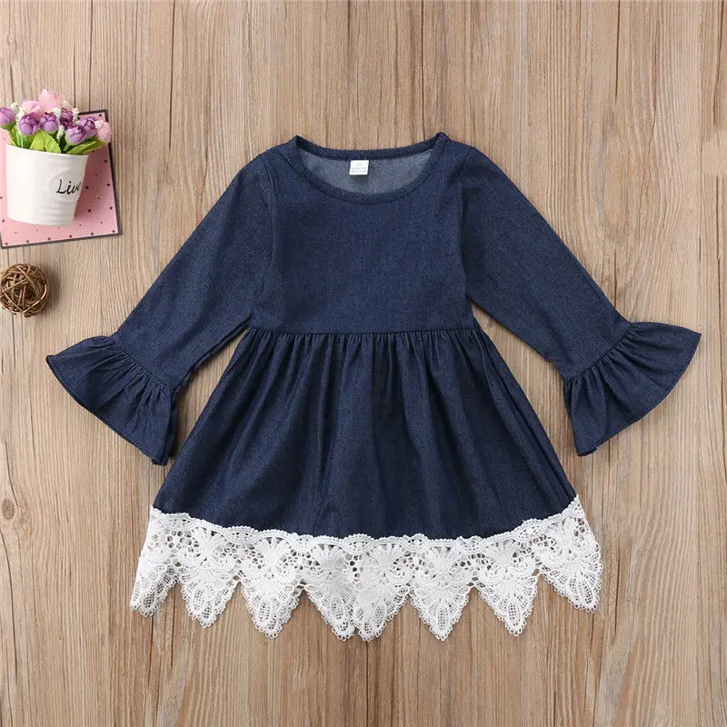 Новинка 2018 модное популярное джинсовое кружевное платье для девочек наряды