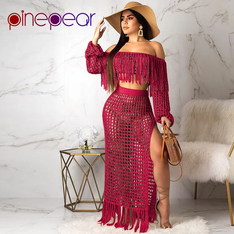 Wine Red PinePear ажурные кисточкой See Through укороченный топ с длинными рукавами+ юбка макси комплект из 2 предметов женский купальник, пляжная одежда дропшиппинг - Цвет: Wine Red