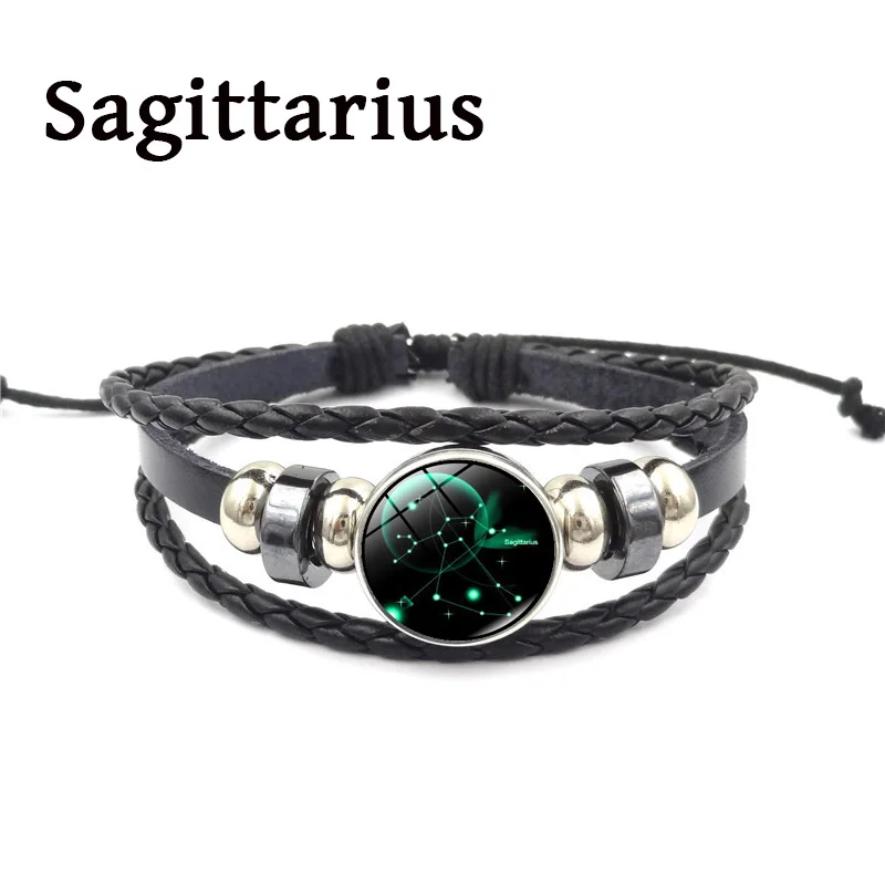 Sagittarius 12 браслет с подвеской в виде созвездий ретро панк стиль зодиака стеклянная Пряжка ювелирные изделия Многослойный кожаный браслет для мужчин и женщин подарок на день рождения - Окраска металла: Sagittarius