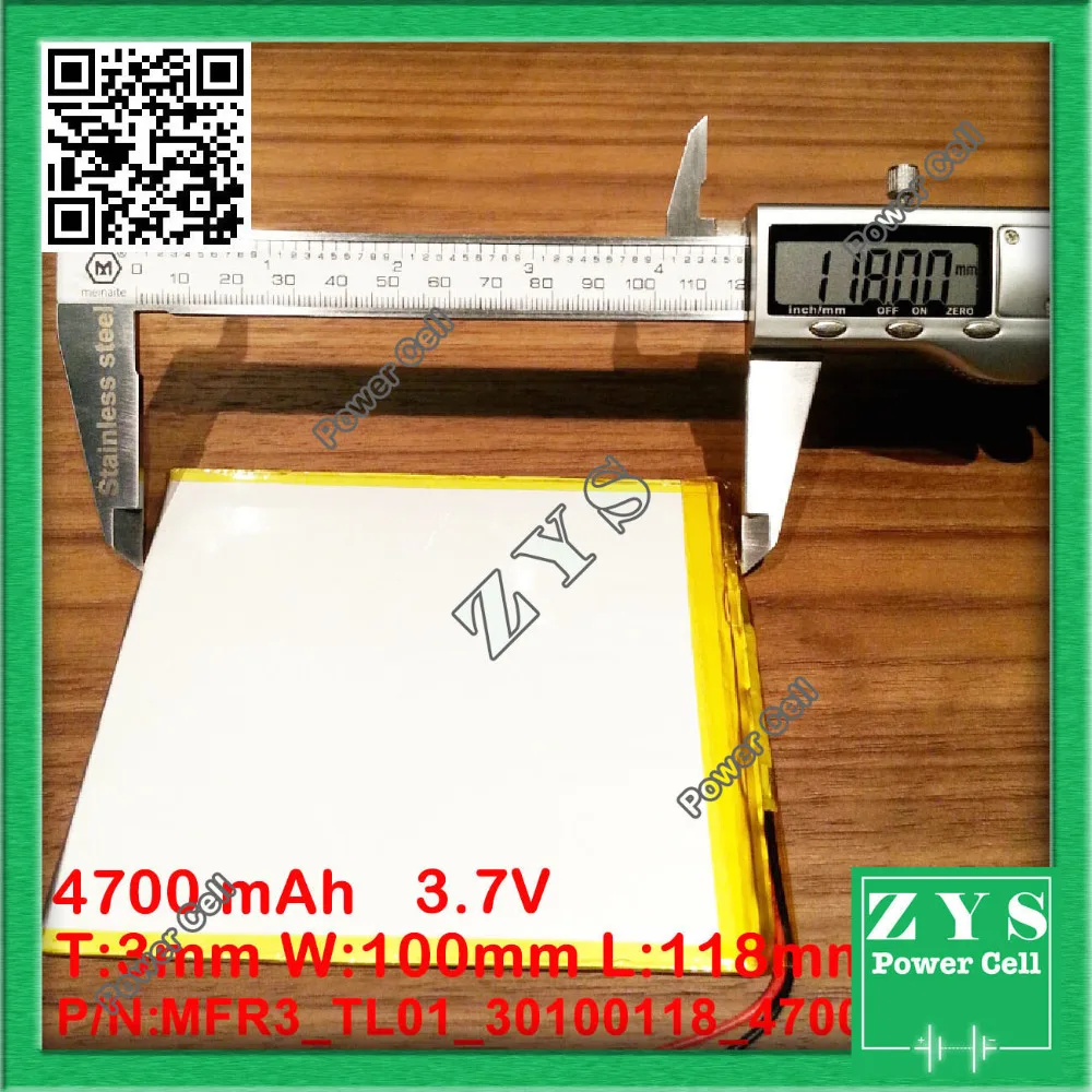 

Полимерная литий-ионная батарея 3,7 V 30100118 может быть настроена оптом CE FCC ROHS MSDS сертификация качества 3x100x118 мм 4700mAh
