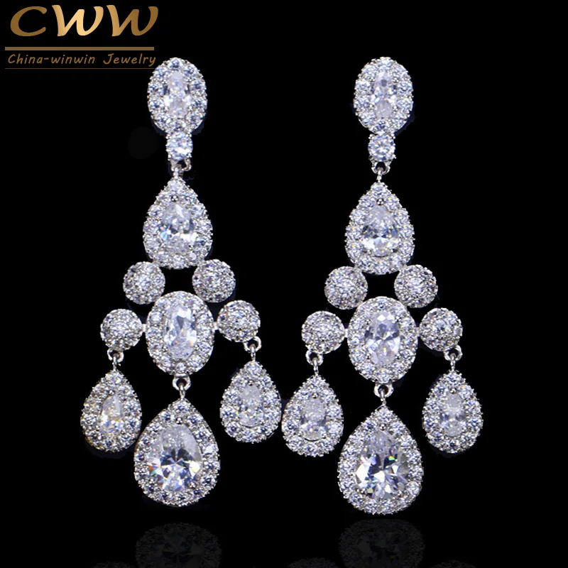

CWWZircons Top Quality Chandelier Water Drop Shape CZ Cubic Zirconia Elegant Long Dangle Women Engagement Wedding Earring CZ192