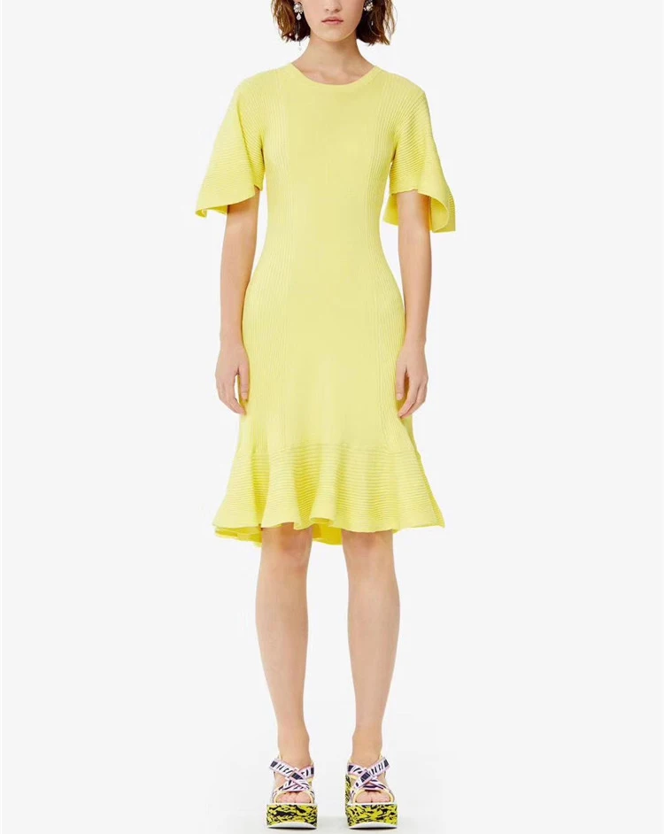 Женское винтажное платье свитер с юбкой годе желтое неоновое трикотажное