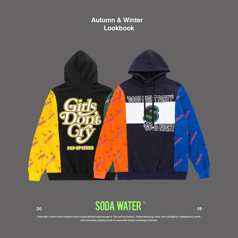 SODA WATER Girls Don't Cry Letter Printed Hoodies Patchwork Hooded Sweatshirts streetwear Hip hop Casual Brand Clothes 8941WS | Мужская