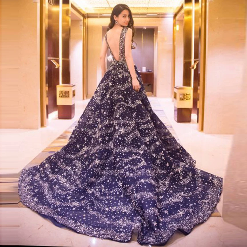 Длина Новинка 2017 года синий Вечерние платья Холтер Длинные принцессы