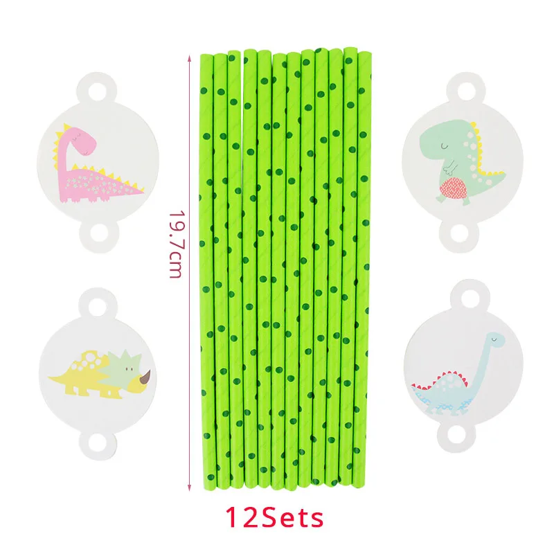 12pcs straws Мультфильм зеленый мотив динозавра висящий баннер одноразовые, для капкейков обертка попкорн коробочка, мыльница для детей день рождения украшения - Цвет: 12pcs straws