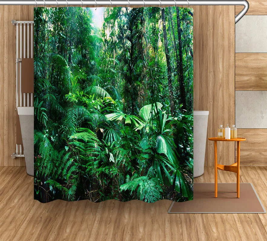 

72'' Tropical Dense Green Jungle Bathroom Fabric Shower Curtain Liner Waterproof Polyester Curtain Accessory Sets 12 Hooks