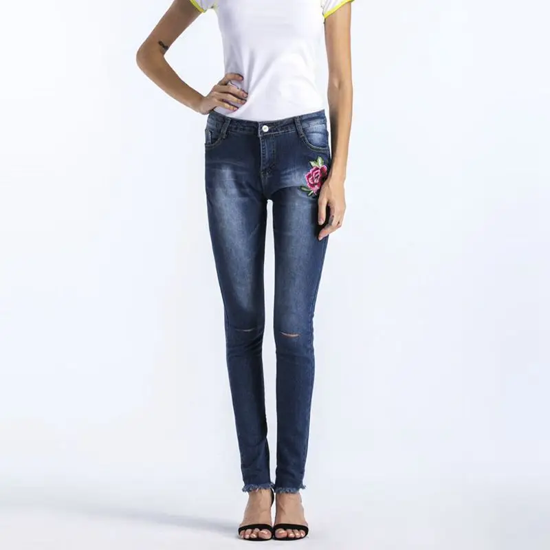 

Floral Embroidered Jeans Women's Jeans Pencil Pants Slim Middle Waist Hole denim Jeans Plus Size S-XXXL