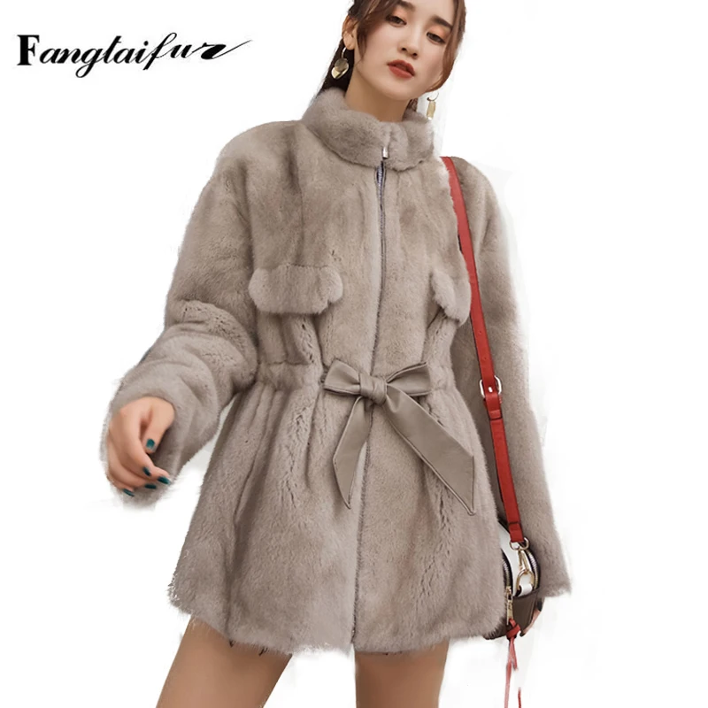 

Ftangaiur New Winter Import Velvet Mink Fur Coat Mandarin Collar Tight Waist Mink Jacket Pocket Medium Real Mink Fur Coats