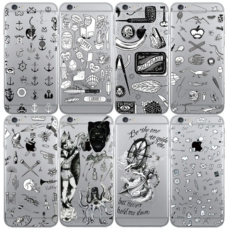 Черный и белый эскиз роспись для iPhone 7X8 6 S плюс Чехол телефона задняя крышка