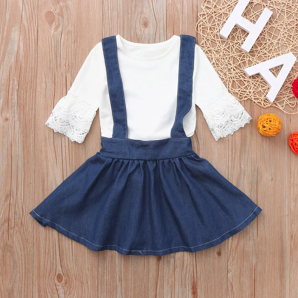Summer Toddler Infant Baby Girls Solid Lace Tops Overall Denim Skirt 2pcs Clothing Sets 2019 Children's Dropshipping | Мать и ребенок