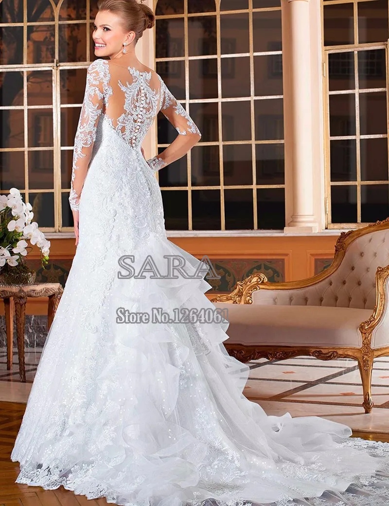 Женское свадебное платье русалка кружевное с длинным рукавом и пуговицами сзади