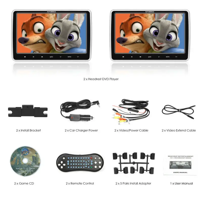 'Autowings'' 2x10," 1024*600 Автомобильный подголовник dvd-плеер USB/SD/HDMI/FM/игровой TFT lcd сенсорная кнопка беспроводные наушники