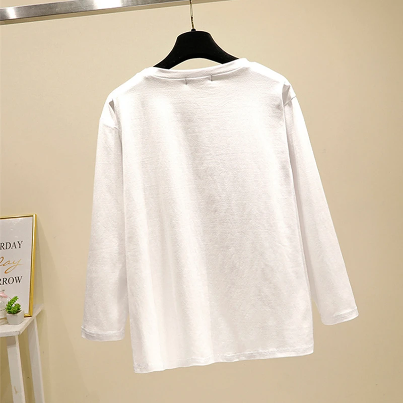 Женская хлопковая футболка с длинным рукавом S ~ 2XL свободный хлопковый топ