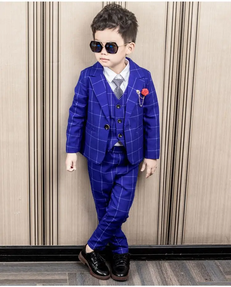 blue 3pcs Цветок мальчиков Формальный плед Свадебный костюм Дети Выпускной блейзер+ штаны+ жилет+ галстук для дня рождения Пром фортепиано танцевальный костюм для вечеринки - Цвет: blue 3pcs