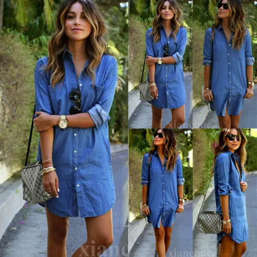 Женское джинсовое платье рубашка повседневное облегающее с отложным воротником