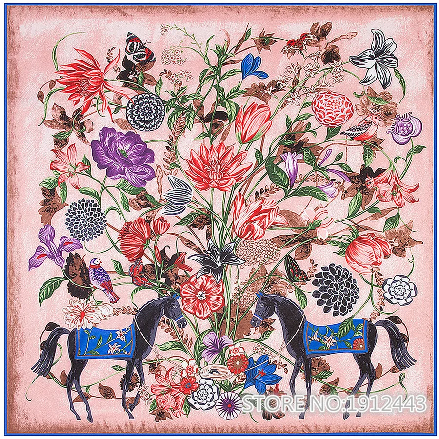 

Женский модный саржевый шарф, квадратный шарф из 130 шелка с принтом в виде животных, ручная роспись маслом, чернила, лошади, 130 * 100% см