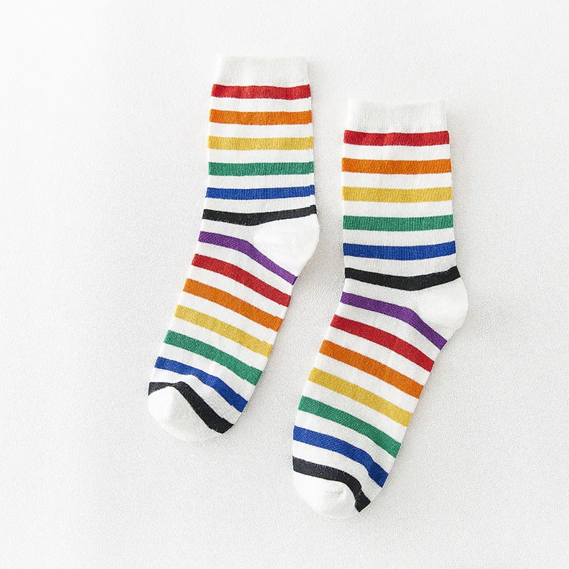 

[WPLOIKJD]Colorful Socks Cotton Korean Short Tube Sokken College Rainbow Stripe Socks Women Girls Funny Meias Calcetines Mujer