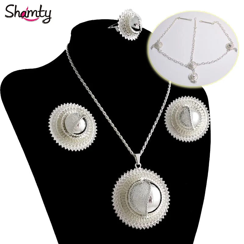 Shamty-Conjunto de joyería nupcial etíope, conjunto africano de pendientes, collar, anillo, tocado, nigeriano, Pakistán,