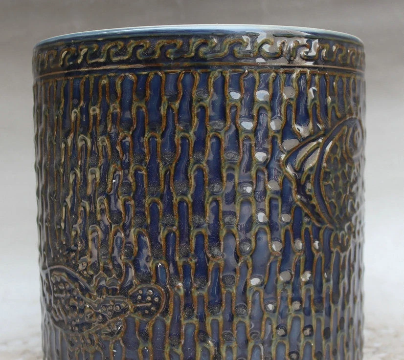 9 &quotКитай Дворец синий фарфор животных рыбы Барракуда круглая щетка горшок