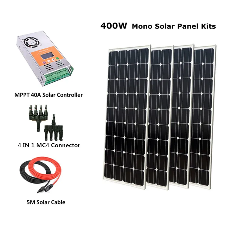Полный комплект солнечных батарей 400W Панели солнечные клетки система Off-grid, 400 Вт моно солнечных Системы для дома, w/40A со слежением за максимальной точкой мощности, Солнечный контроллер заряда