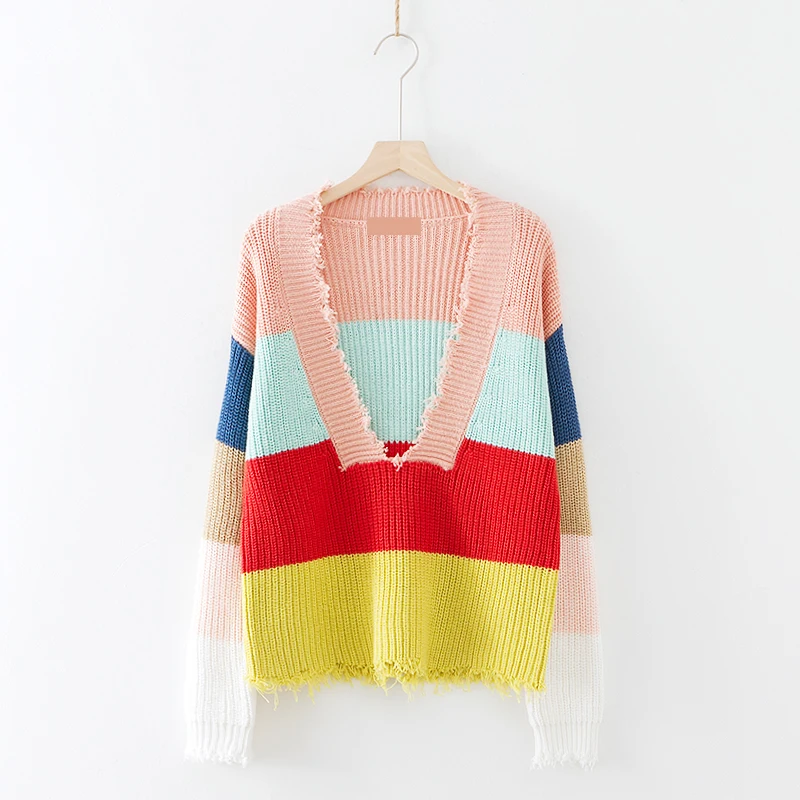 

Contrast Color Women Candy Colorful Women Loose Batwing Long Sleeve Pullover Sweater Women Deep V-neck Women Loose Pullover Top