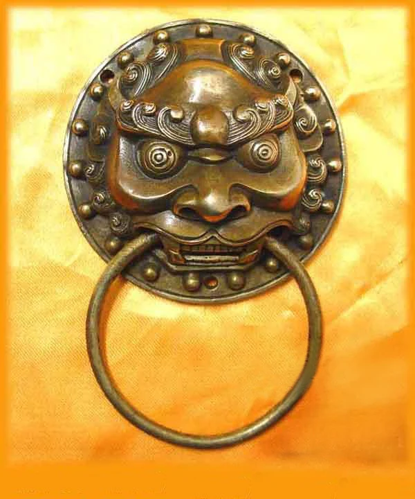 Китайский Бронзовый Foo Dog охранник лев дверной молоток 4 &quotвазы скульптура