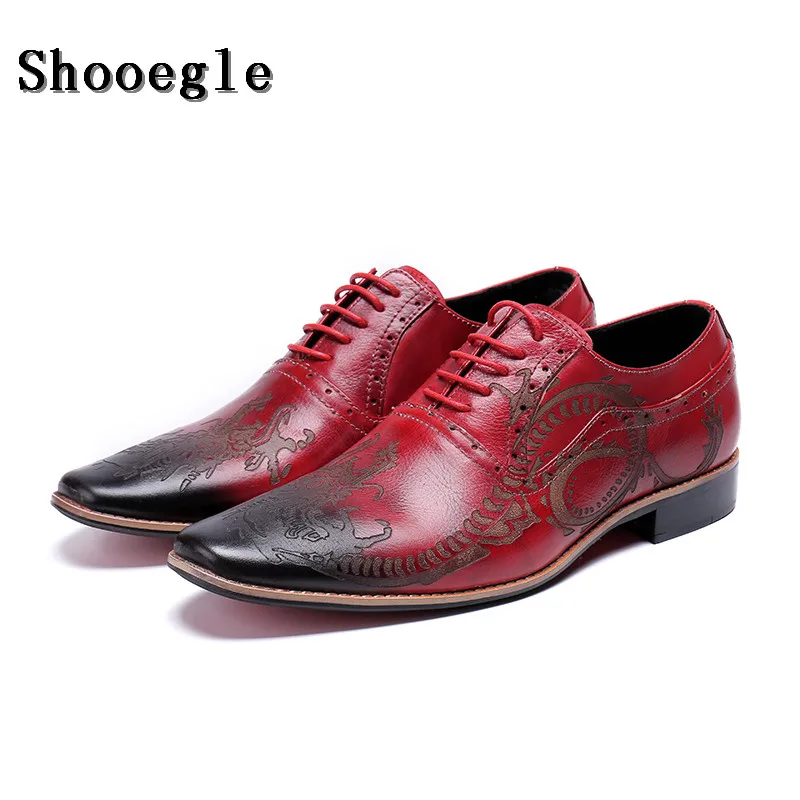 Мужские классические деловые туфли SHOOEGLE красные кожаные оксфорды на шнуровке в