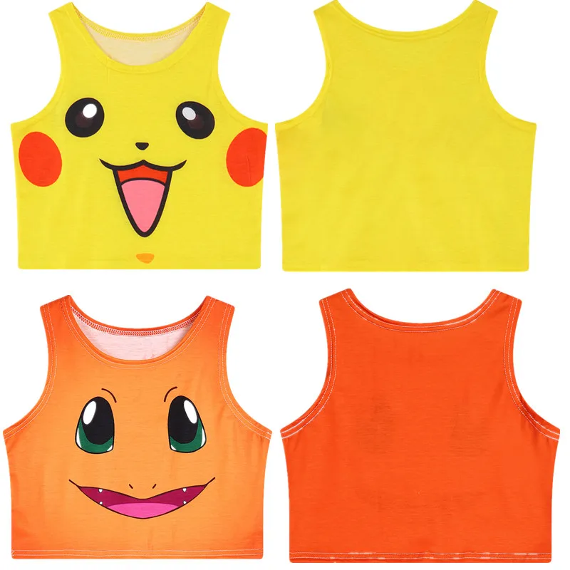 New Cartoon Pattern Crop Top Women Camis Pikachu Charmander Squirtle Print tank Tops Colorful Sleeveless Tee Vest |