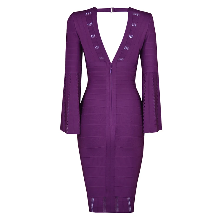 

Top Quality Bandage Dress Autumn Winter Fashion Celebrity Evening Party Dresses Sexy V-Neck Hollow Out Bodycon
