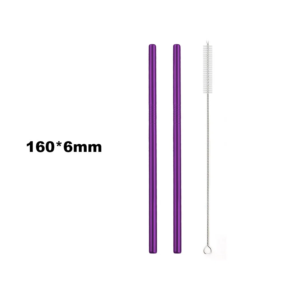 160x6mm Straight 2 шт./компл. фиолетовый 304 из нержавеющей стали, многоразовый металлическая соломинка Экстра Широкий набор смузи соломинки с кисточкой оптом - Цвет: 160x6mm Straight