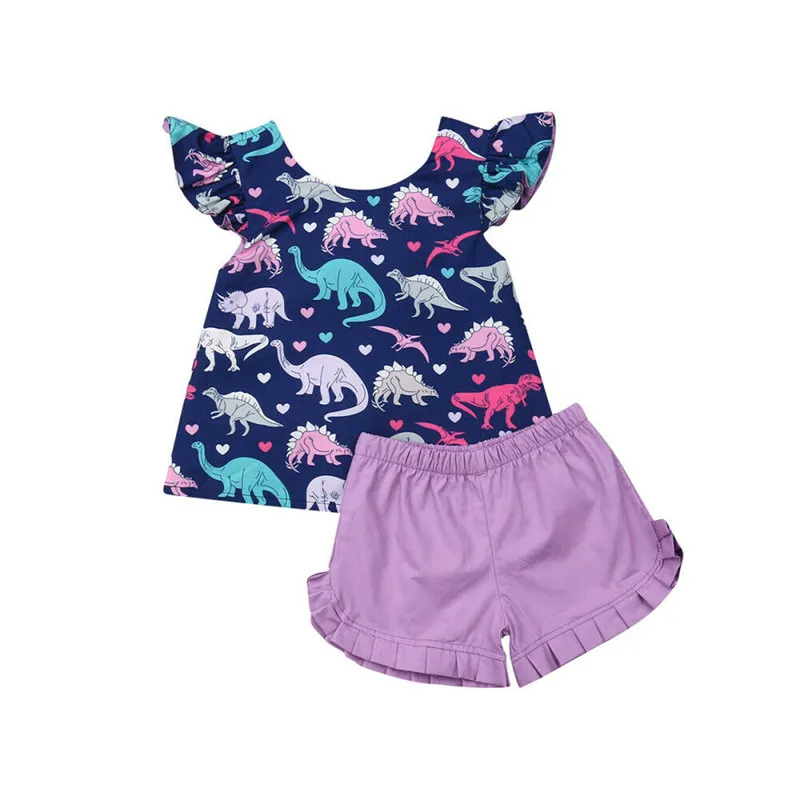 

Детский летний комплект одежды для маленьких девочек, 2 предмета, топ с коротким рукавом и бантом на спине и шорты с принтом динозавра, одежд...
