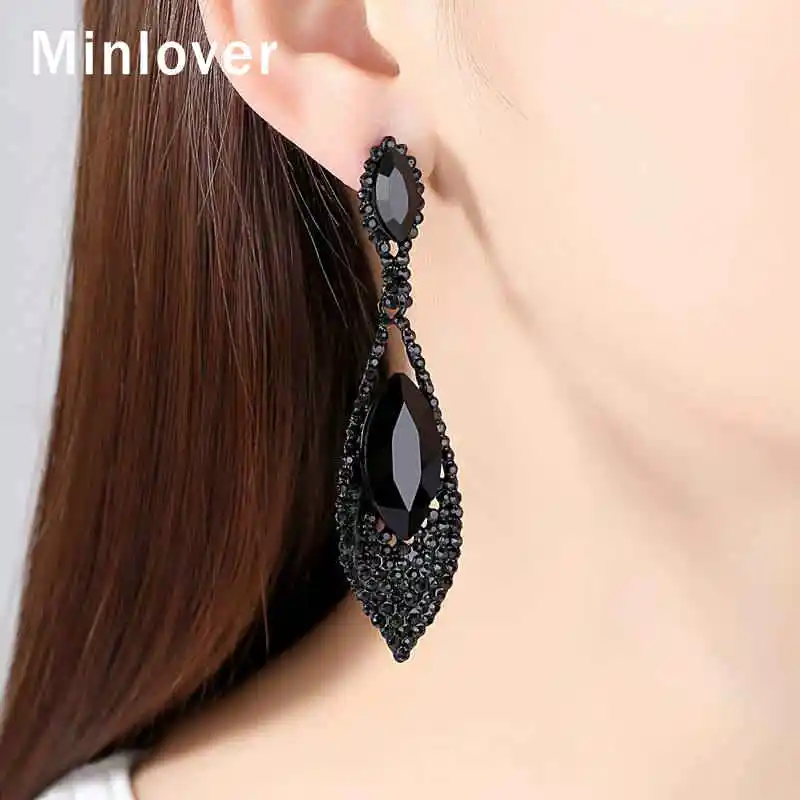 Minlover модные черные Кристальные длинные серьги для женщин винтажные Стразы ваза