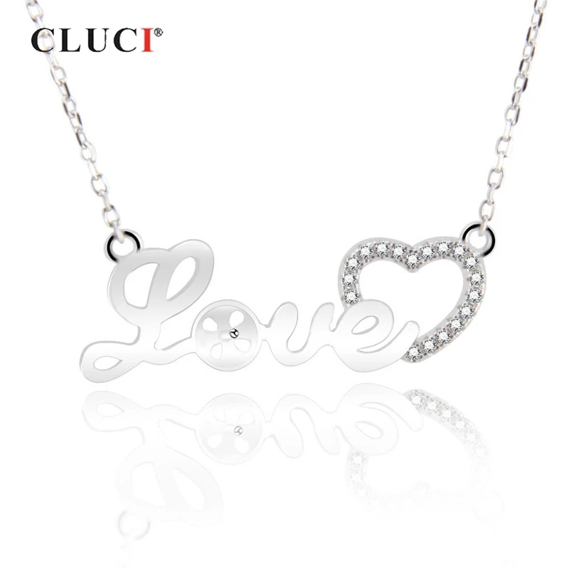 

CLUCI 925 Sterling Silver Love Letter Pendant Necklace Women Zircon Silver 925 Love Heart Necklace Gift for Girlfriend SN039SB