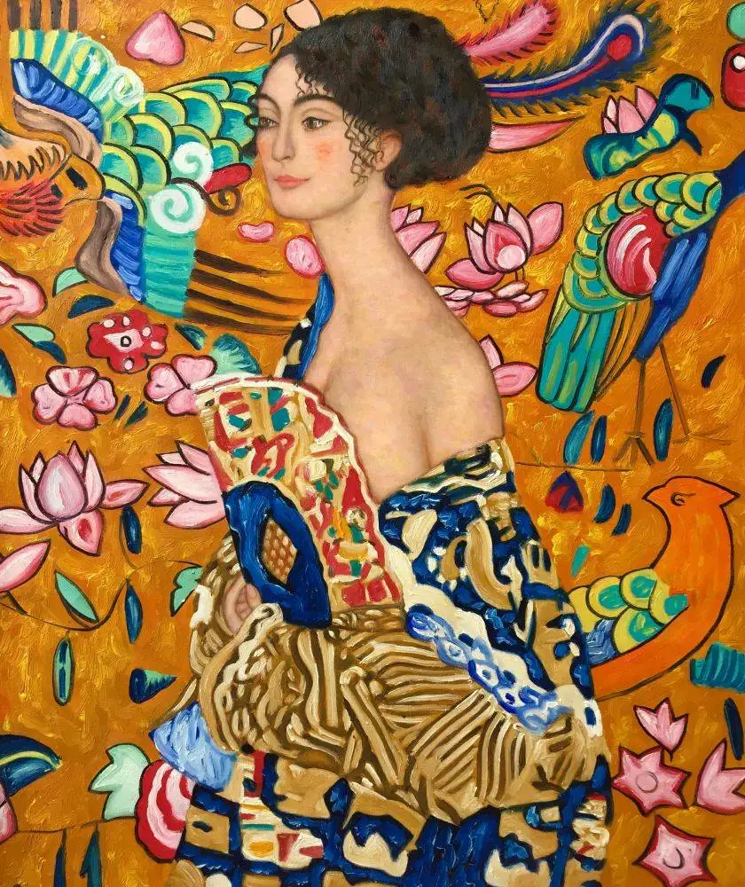 

High quality Oil painting Canvas Reproductions Signora con Ventaglio Interpretation by Gustav Klimt Painting hand painted