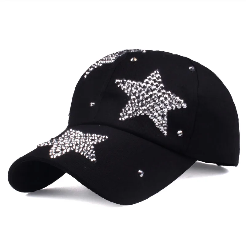 [YARBUU] бренд бейсболки высокое качество Стразы кепки с тремя звездами Snapback Casquette шляпа для женщин леди сплошной цвет - Цвет: black