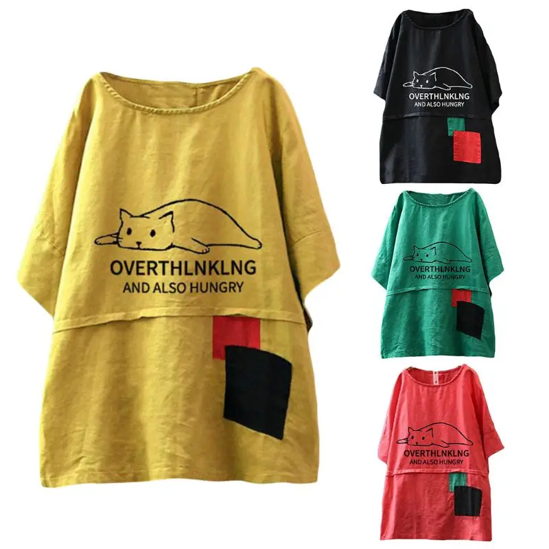 Женские свободные мешковатые топы из хлопка и льна размера плюс с принтом