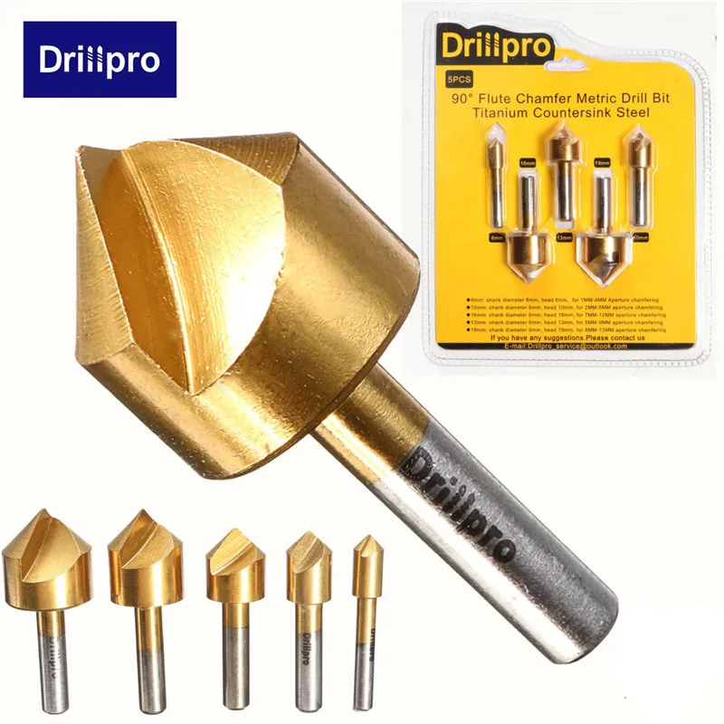 Drillpro 5 шт. Метрическая Зенковка сверло 90 градусов Одна Флейта кромка фаска 6 мм-19 мм Высокоуглеродистая сталь деревообрабатывающий инструмент