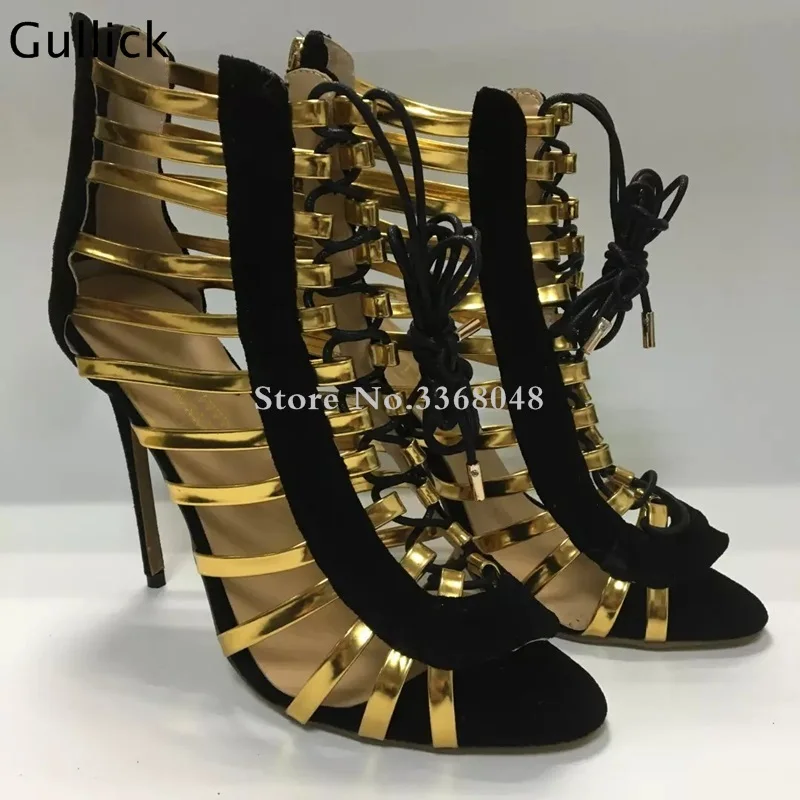 Пикантные женские туфли Gullick с открытым носком и золотыми ремешками черные