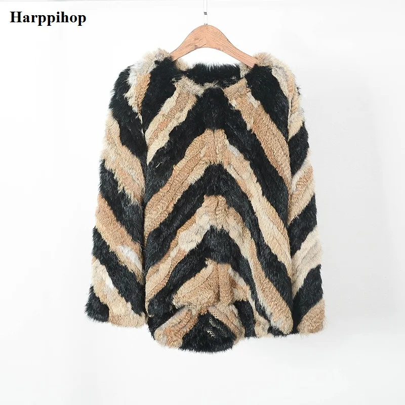 Happihop/куртки из натурального кроличьего меха, вязаная меховая верхняя одежда, двухцветная полосатая шуба из натурального меха, шубы, опт и розница - Цвет: black and yellow