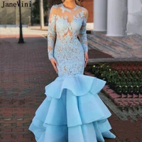 janevini sexy blue prom dress for plus size woman long sleeves appliques mermaid ruffles lace perspective satin formal dresses