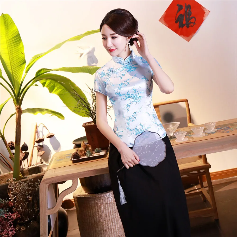 Шанхай история короткие Cheongsam Топ Традиционный китайский искусственный шелк/Атласный топ Дракон и Феникс Вышивка Блузка Топ Qipao рубашка