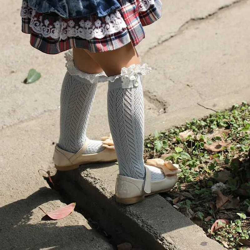Детские кружевные чулки с перфорацией хлопковые теплые для девочек милые