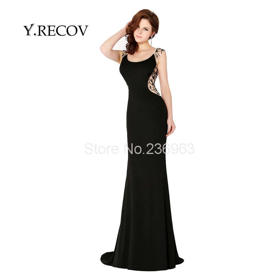 Черный формальный платье yd2404 труба бисероплетение sheer вернуться sexy пром dress black prom