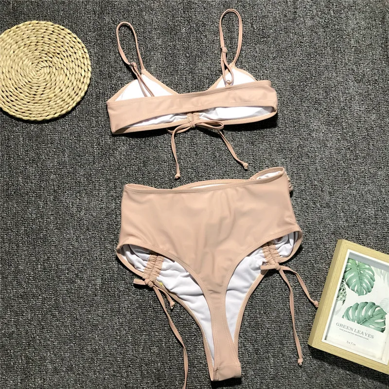 

2021 neon Green Bikini High Waist Swimsuit Women Brazilian Swimwear Two-pieces Bikini set Bather Pleated Bathing Suit Swim Wear