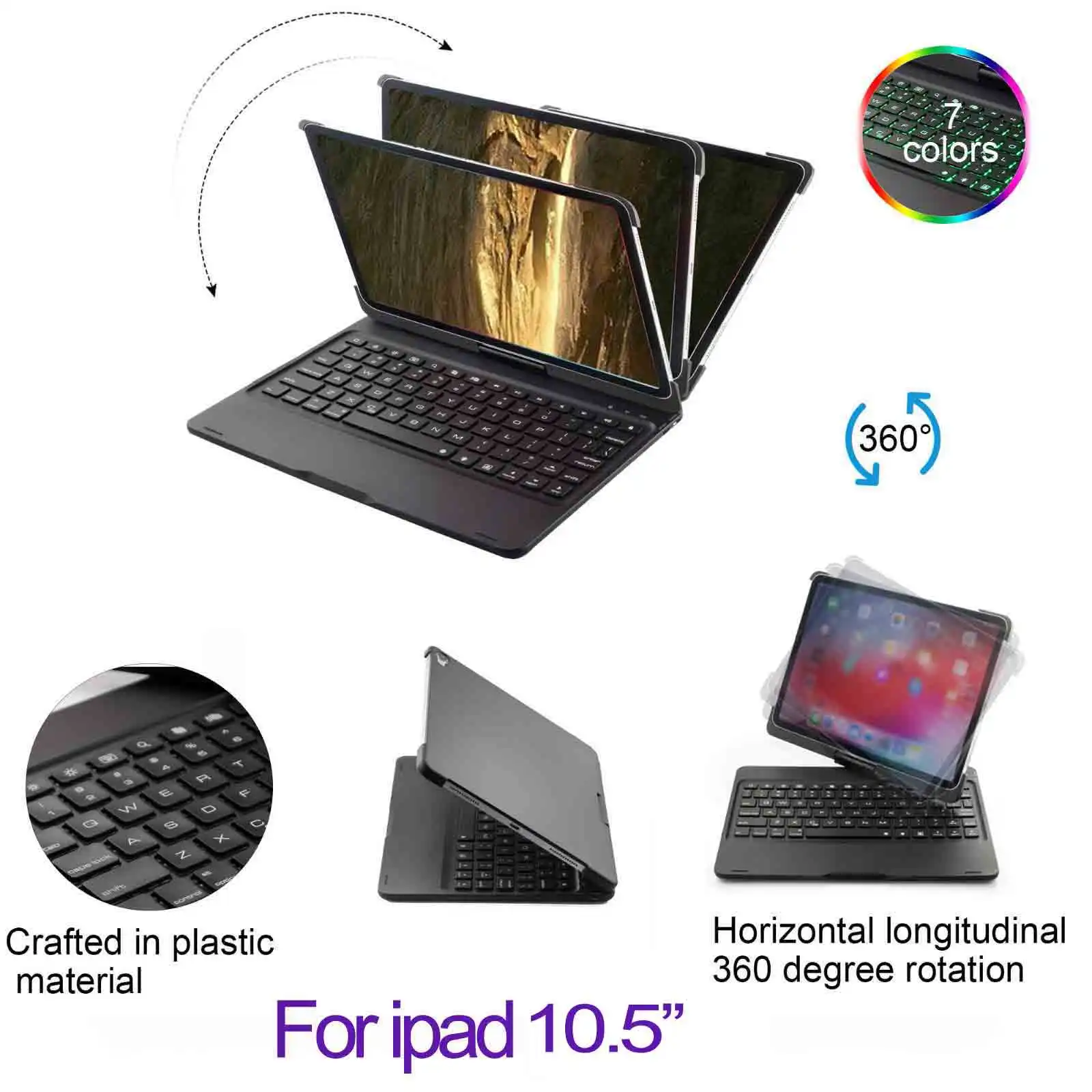 ipad 10.5 black Чехол для iPad Pro 11 ’’ 10.5 ‘’ 9.7 ’’ 7 Цветная подсветка 360 Rotatio Крышка беспроводной клавиатуры Bluetooth Складная беспроводная клавиатура - Цвет: ipad 10.5 black