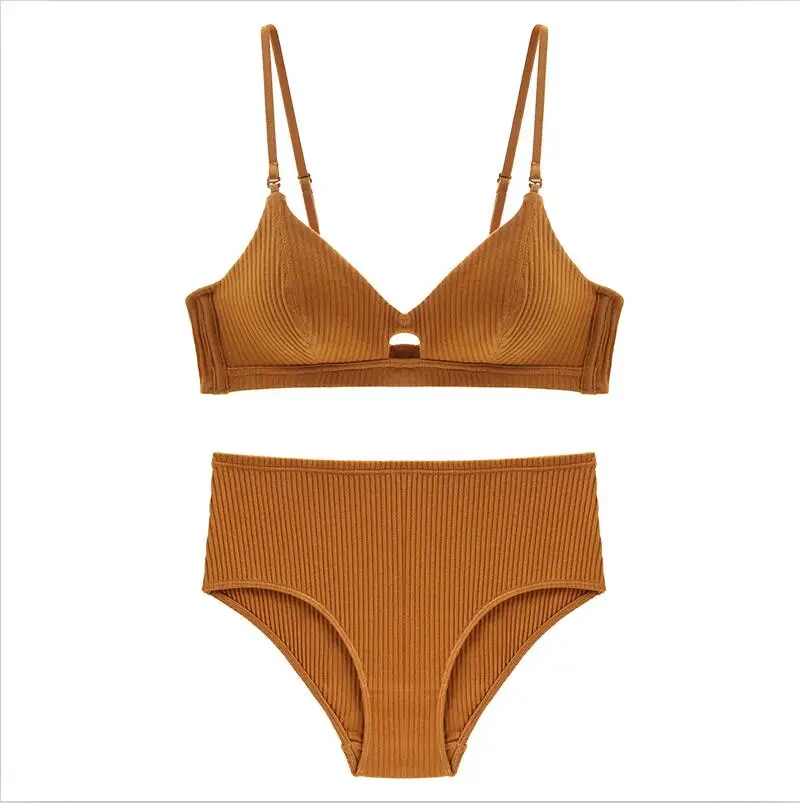 Caramel color CINOON/Высококачественный хлопковый комплект нижнего белья, Модный комплект с бюстгальтером в полоску, благородный комплект нижнего белья для девочек, бюстгальтер пуш-ап, сексуальный бюстгальтер и трусики - Цвет: Caramel color