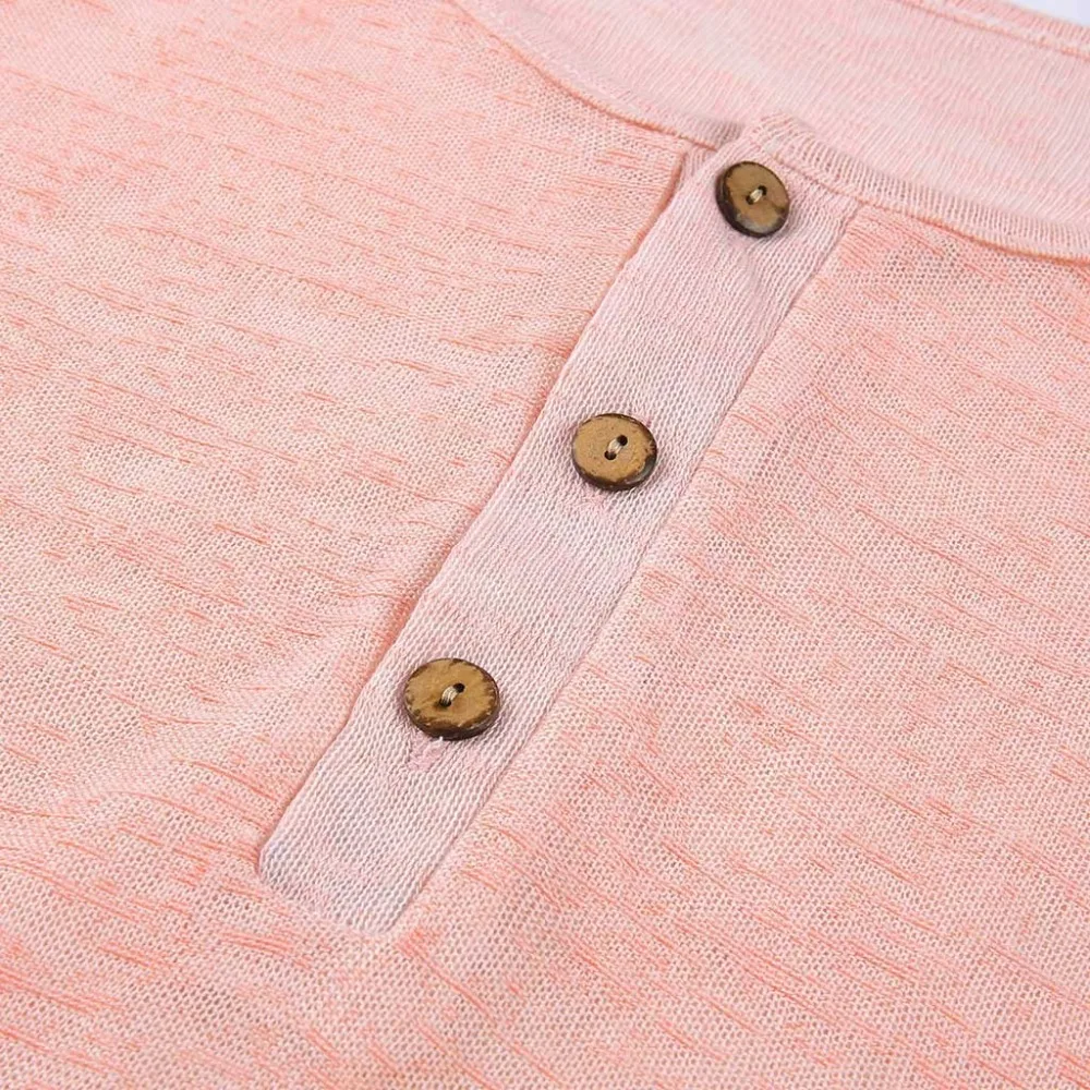 Hot Sale Women Spring Autumn Casual Design Buttons Long Sleeve T-Shirt New Fashion Solid O-neck Pullover Top Pink Female T-shirt | Женская