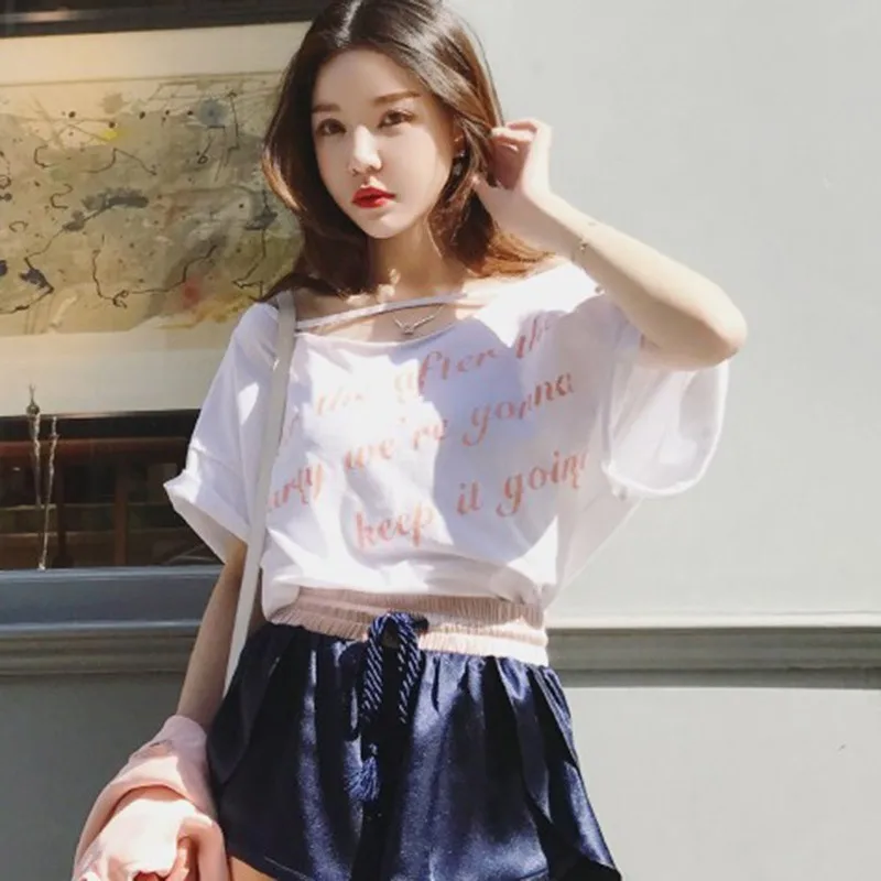 2019 New Woman One-necked Strapless Shoulder Short-Sleeved cotton hollow out Letter Print White T Shirt korean preppy style | Женская