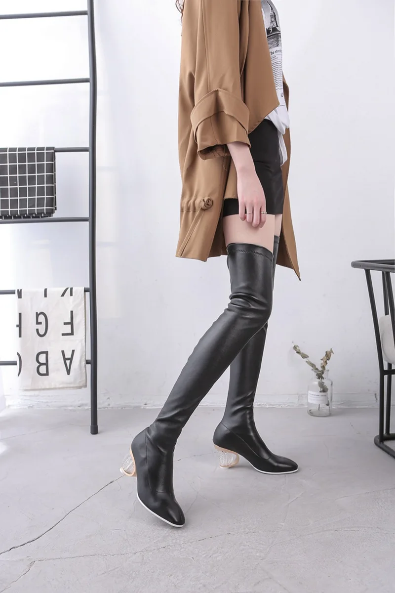 REAVE CAT NeW Women Thigh High Boots clear thick high heels PU leather slim leg over the knee boots long booties